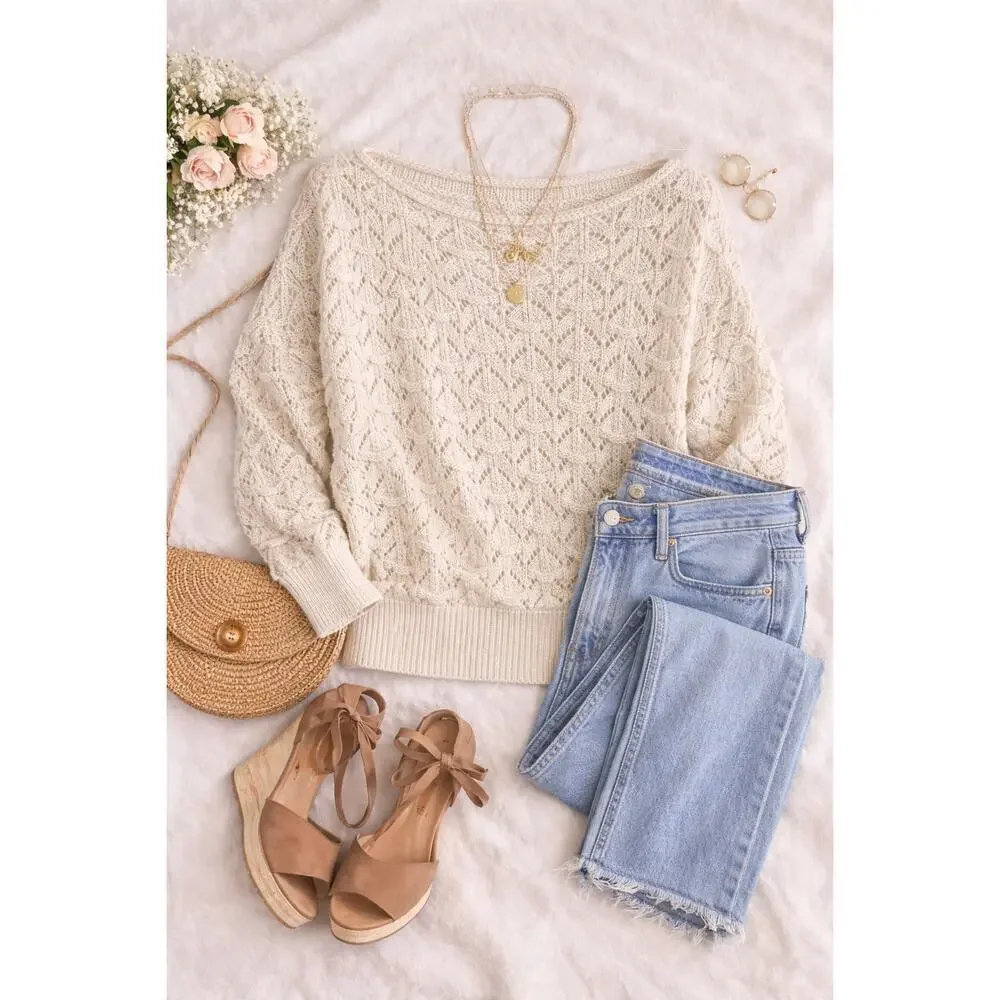 Beige Crochet Knit Boat Neck Sweater Ribbed Trim L